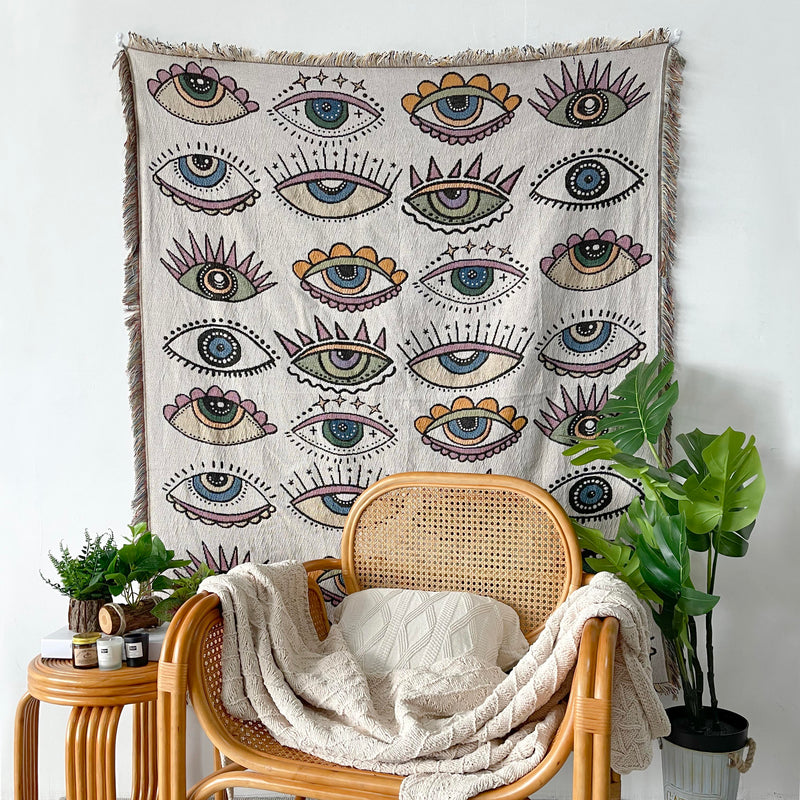 Reversible Cotton Woven Tapestry Evil Eyes Throw Blanket