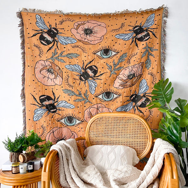 Cotton Reversible Woven Tapestry Evil Eyes and Bees Throw Blanket